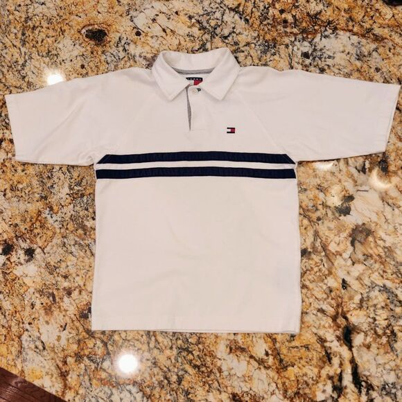 Tommy Hilfiger Polo Shirt White w Navy Stripe Boys Size Small - Picture 1 of 3